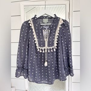 Maeve Anthropologie chambray blouse w/cream embroidery & tassels so small